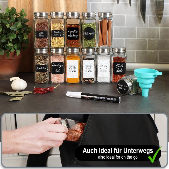 Набір баночок для спецій Com-Four® [Квадратні - 24 шт. | 120 мл] з етикетками та воронками, ручка для маркування, щітка для чищення (24 шт. з аксесуарами)