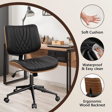 Крісло офісне без підлокітників Clatina з роликами, регульоване по висоті, шкіряне, поворотне, для комп'ютера, середньою спинкою, сучасний стиль горіх, для home office, робочого кабінету, конференц-залу, біле (чорне), 1 шт.