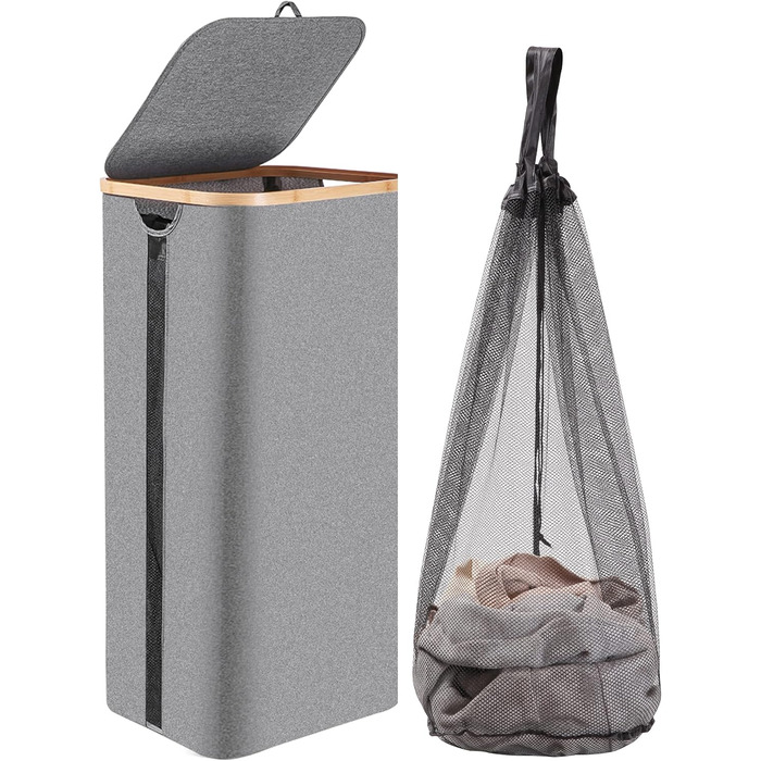 Кошик для білизни з кришкою, 100 л, з прозорим вікном, знімні мішки, сірий (02)