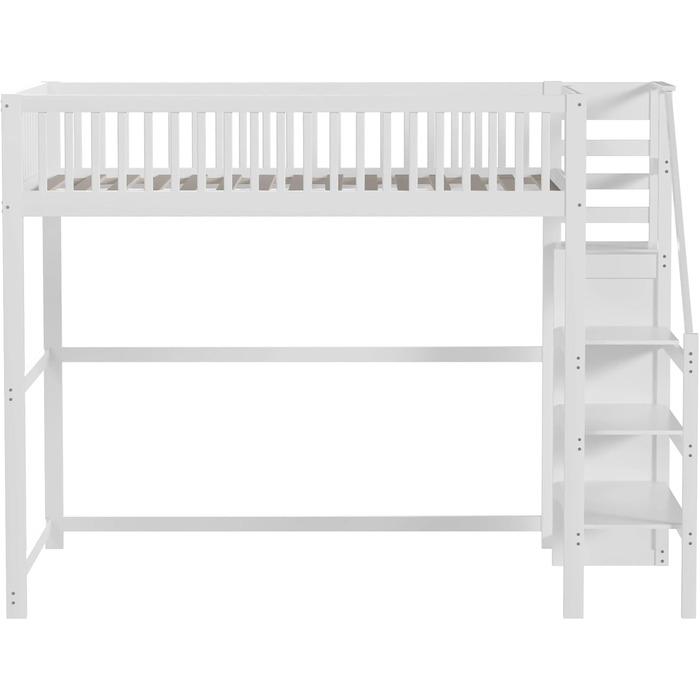 Ліжко-горище Merax для односпального матраца 140x200 см з шафою та сходами, масивне дерево, білий колір (без матраца)