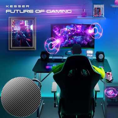 Ігровий стіл KESSER® LED 100x60 см | З-подібний стіл для геймерів | Тримач для навушників, вуглецеве покриття | Ергономічний стіл для ПК | Стабільний стіл з підстаканником, білий/карбон з LED підсвіткою