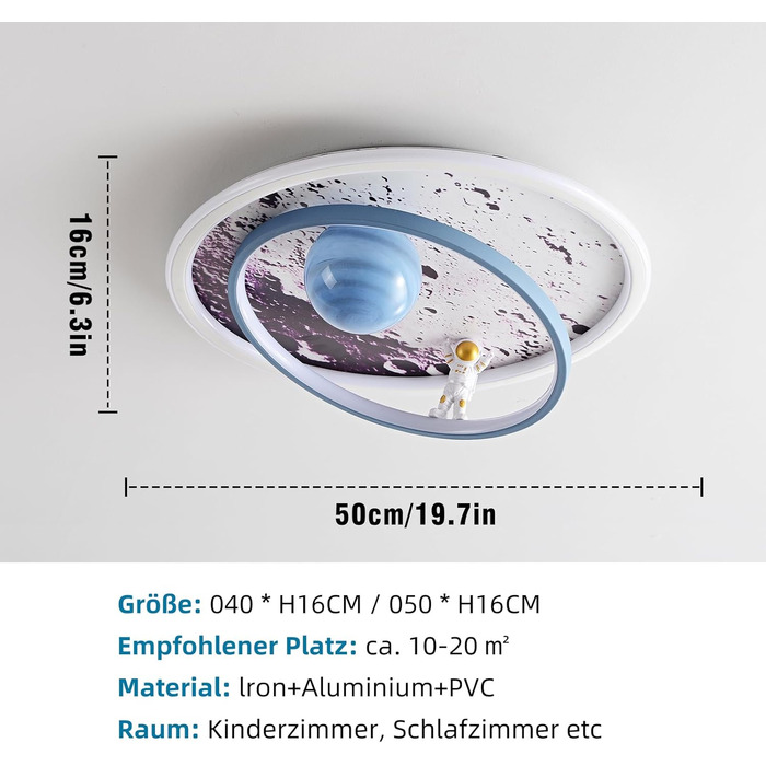 Дитячий стельовий світильник RRBEST LED, дизайн астронавта, з можливістю затемнення, з дистанційним керуванням, синій 50 см * 16 см