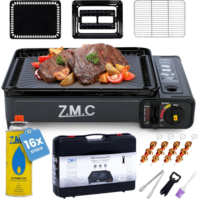 Газовий набір для кемпінгу 2-в-1 Z.M.C: газовий пальник та гриль з аксесуарами та кейсом, Piezo-запалювання, 2.2kW, LPG-підключення