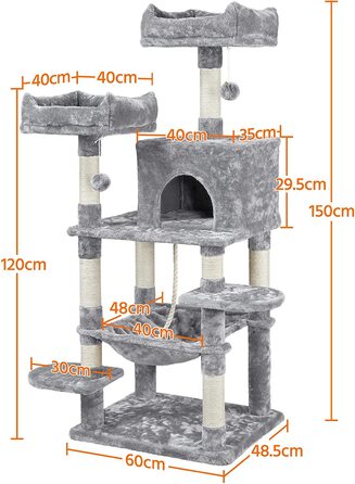 Кігтеточка Yaheetech Cat Tree 150 см з 2 приємними оглядовими майданчиками Sisal Cat Furniture Дерево для скелелазіння для великих кішок, світло-сіре 60,5 см x 50,5 см x 146,5 см (ДхШхВ) Світло-сірий