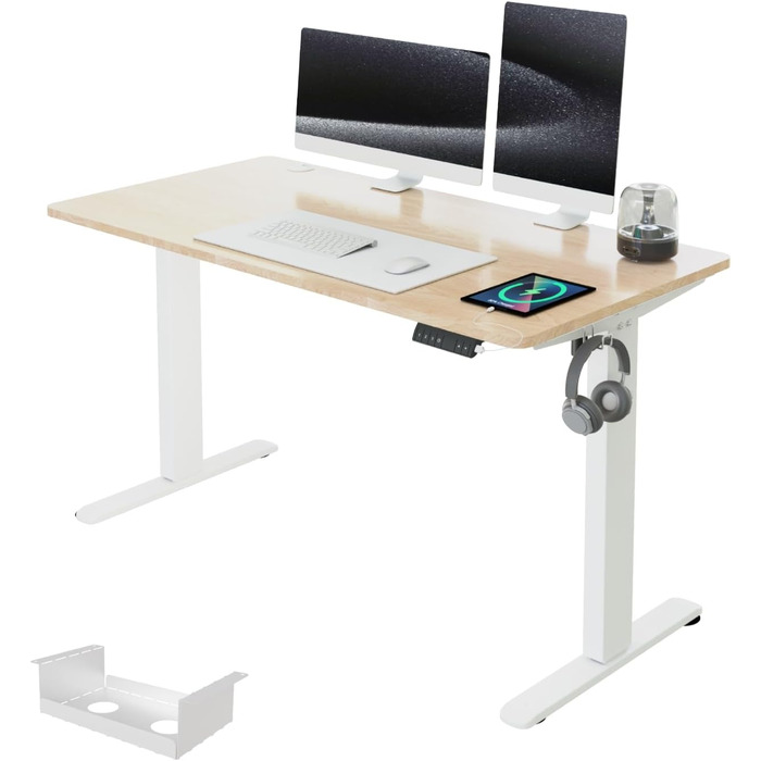 Регульований за висотою стіл Airfish з USB-роз'ємом, електричний стіл з кабельною коробкою, комп'ютерний стіл, офісний стіл, стоячий стіл з нагадуванням про сидячу роботу, 160x80 см, Бежевий & Білий