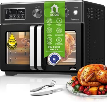 TurboTronic Міні-піч 4в1: конвекційна піч, фритюрниця, дегідратор, гриль. Об'єм 32л, з поворотним шампуром та аксесуарами. Чорний колір.