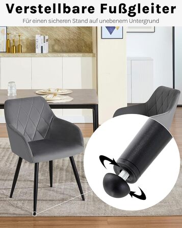 Набір обідніх стільців WOLTU з підлокітниками та спинкою, для кухні, вітальні, їдальні, м'який оксамитовий чохол, металеві ніжки, темно-сірий, 8 шт.