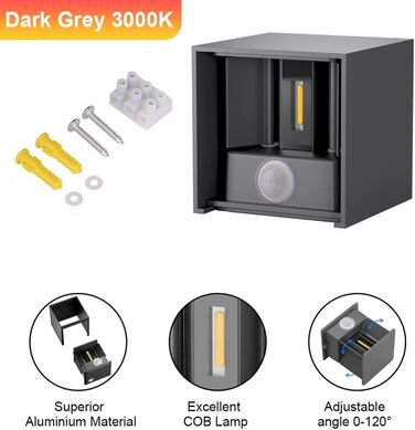 Klighten Вологостійкий вуличний світильник з датчиком руху 12W, IP65, 3000K, тепле біле світло, для внутрішнього та зовнішнього використання, регульований світловий потік, колір - темно-сірий