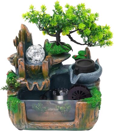 Фонтан HarBin-Star для дому та саду з LED-підсвіткою, водоспад, туман, кришталева куля, зелена рослина, десктопний фонтан, 34 x 24 x 34 см