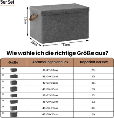 Набір з 5 складних коробок для зберігання з кришкою, 36 л, сірий, 43x26x33 см