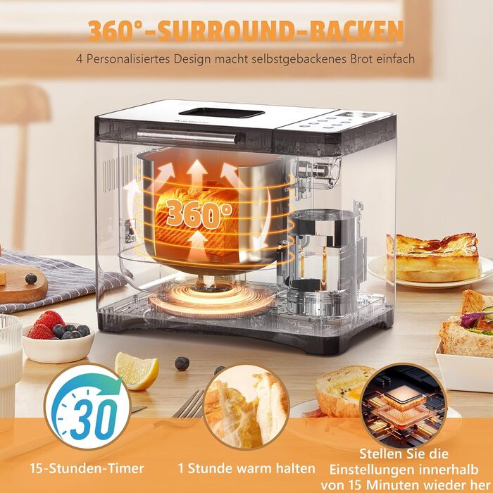 Бротбекмашина Karinear з 20 програмами, рукавичками, таймером на 15 годин, нержавіючою сталлю, 3 розмірами хліба та вибором кольору скоринки (білий, чорний)