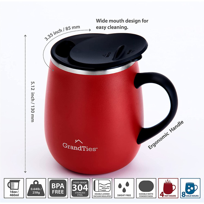 Термокружка Grandties з кришкою-ковзанням та ручкою, 480 мл. Зручна термокружка To Go з подвійних стінок з нержавіючої сталі. Утримує гарячі та холодні напої. Колір: журавлина