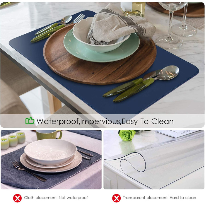 Набори підставки під посуд APLKER, 8 шт., водонепроникні, з ефектом шкіри, ПВХ, 16 x 12 дюймів (темно-синій)