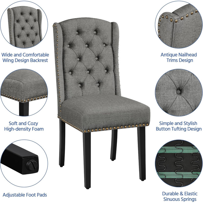 Набір кухонних стільців Yaheetech з крилатим спинком, оббитий стілець для їдальні, до 140 кг, сірий (2, світло-сірий)