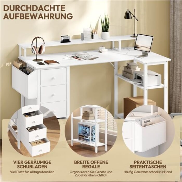 Кутовий стіл Yaheetech L-подібний з розетками, 120 x 68 см, білий. Ігровий стіл з кріпленням для монітора, 4 шухлядами, 2 полицями та кишенькою для зберігання. Для дому та офісу.