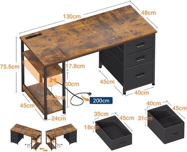 Комп'ютерний стіл Coleshome з ящиками з тканини, 130x48 см, з 2 розетками та 2 USB-портами, з полицею, для офісу/вітальні, коричневий, 130x48x75.7 см