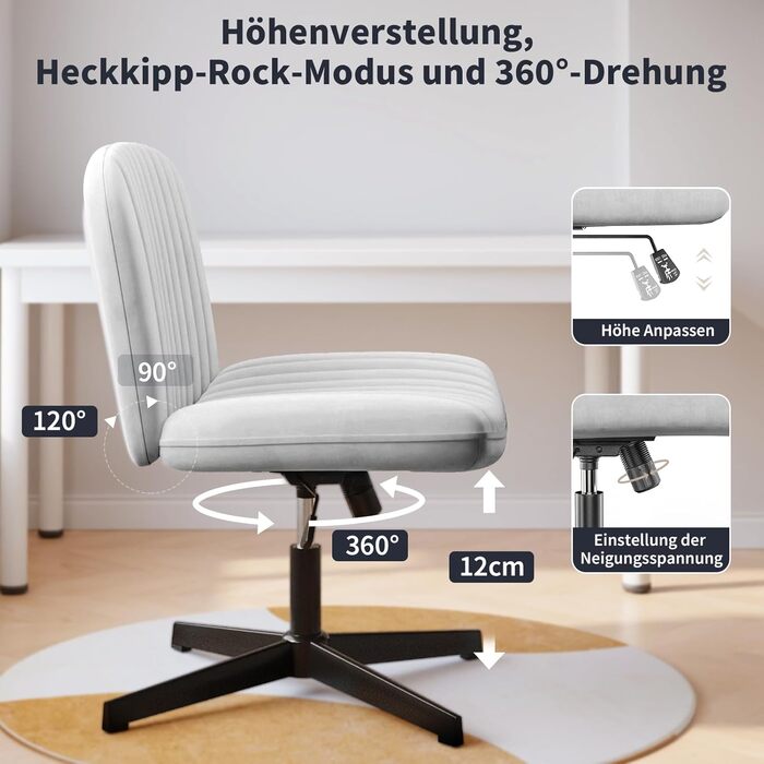 Офісне крісло без підлокітників Naspiro, сіре, з тканини, регульоване по висоті, поворотне на 360°, з функцією гойдання