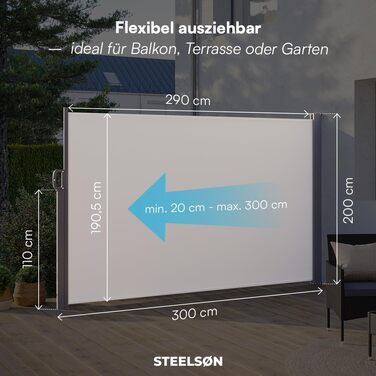 Розсувна бічна маркіза STEELSØN Zirella 180x400 см, алюмінієва, захисна, для балкона та саду, зовнішній щільний сонцезахист, бежева, з настінним кріпленням (200x300 см)