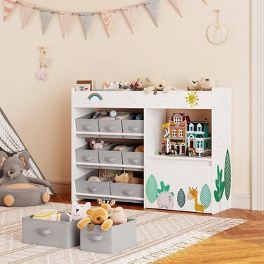 Дитяча полиця для іграшок HOCSOK з 10 тканинними коробками для зберігання, полиця для книг, іграшковий ящик на колесах, органайзер для іграшок у дитячій кімнаті, білий