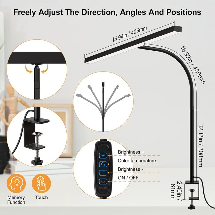 Настільна лампа Nulmvic LED Clamp, захист очей, з можливістю затемнення, 3 кольори, 10 рівнів, гнучка, чорна