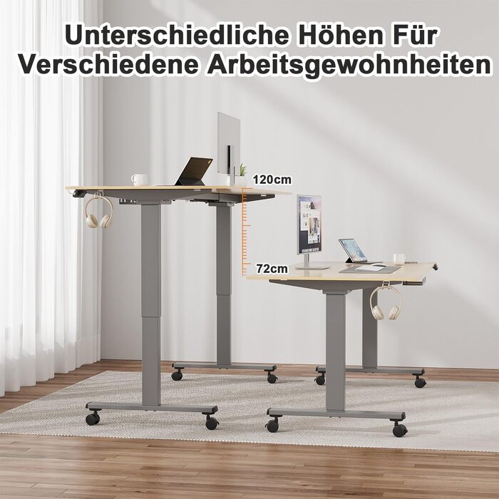 Регульований стіл JUMMICO з міцним металевим каркасом та 2 моторами, 3 пам'яті, для стояння та сидіння (білий), 100 x 140 см, сірий