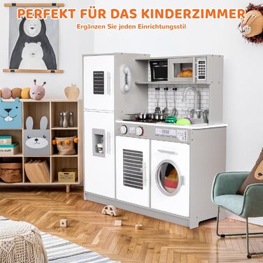 Дерев'яна дитяча кухня MAMIZO з підсвіткою та звуком, 82x80x25 см. Комплектація: аксесуари. Підходить для дітей від 3 років. Білий (сіро-білий) колір.