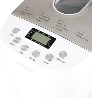 Хлібопечка Arebos 1500г з 15 програмами, таймером та LCD дисплеєм | 850 Вт | Білий