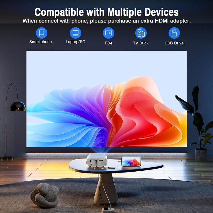 Міні проектор 16000L з штативом, Full HD 1080P, 50% зум, ±15° корекція трапеції, HDMI, USB, AV - сумісний з телефоном