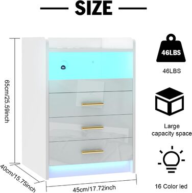 Тумбочка CHOWGOLI з розеткою, світлодіод, 3 ящики, 1 відділення, Push-Pull, 45x40x65 см, біла, набір з 2 шт.