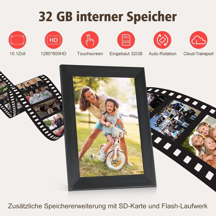 Цифровий фоторамка Frameo WLAN, 10.1 дюйми, LCD сенсорний екран 1280x800, 32GB, автоматичне обертання, підключення Wi-Fi, сумісний з додатком Frameo