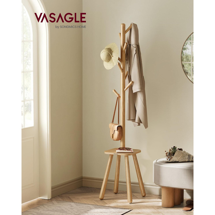 Стійка для одягу VASAGLE з 8 гачками та полицею, 170,5 см, для прихожих, спалень (Нейтрально-бежевий)