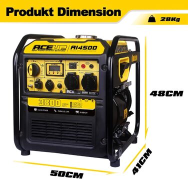 Інверторний генератор Aceup 3400W: бензиновий, 230V, 12V, USB, цифровий дисплей, для дому, кемпінгу, 4-тактний, 23кг