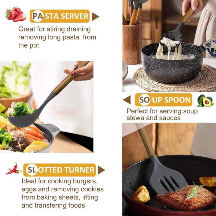 Набір кухонних аксесуарів Kochutensilien, 8 предметів з дерев'яною ручкою, силіконовий, антипригарний, термостійкий (сірий)