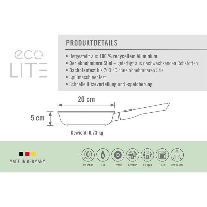 Сковорода Woll Eco Lite плоска, Ø 20 см, висота 5 см, знімна ручка - для всіх типів варильних поверхонь, 100 перероблений литий алюміній, жароміцний, чорний (60 символів)