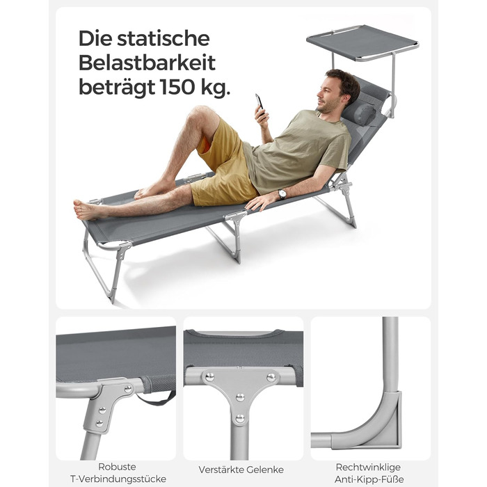 Лежак для відпочинку SONGMICS, розкладний, 193 x 53 x 29 см, до 150 кг, з подушкою, регульована спинка, для саду, басейну, тераси, темно-сірий