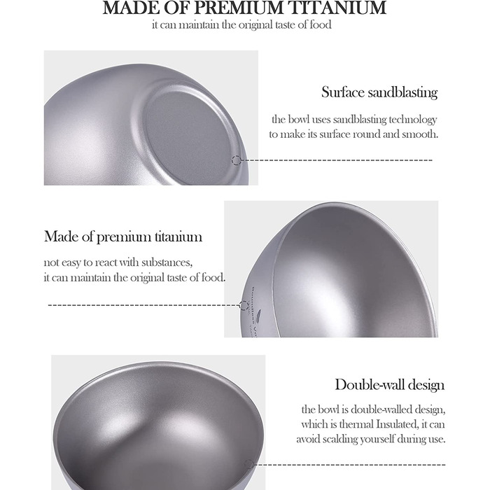 Титанова чаша iBasingo, чаша для рисового супу, посуд для кемпінгу на відкритому повітрі, 350 мл, легка кругла чаша з подвійними стінками, посуд для подорожей, походів, вдома, Ti1094T (250 мл 350 мл - Ti1093t ti1094t)