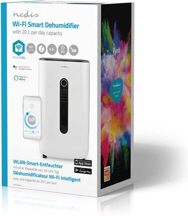 Осушувач повітря Nedis SmartLife Wi-Fi 20 л/добу Осушення/Безперервне/Сухе прання/Вентиляція Apple Store/Google Play Регульований гігростат 195 м/год