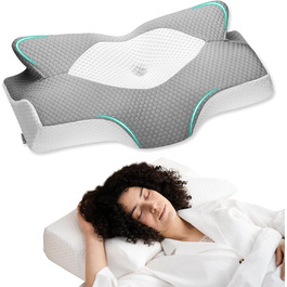Ортопедична подушка для шиї Elviros з піни Memory Foam, ергономічна подушка від болю в шиї для сну на спині, боці та животі, знімний і охолоджуючий чохол, 64×(11,5/13)×40 см, сірий