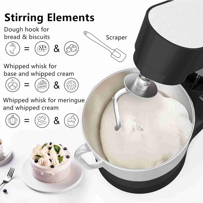 Кухонна машина 1500W з чашею 6.2L з нержавіючої сталі, 6 швидкостей, міксер для тіста, з набором насадок (вічорник, гак для тіста, вінчик), кришка-розбризкувач та скребок для тіста, чорна