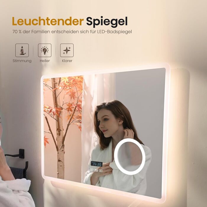 EMKE® LED дзеркало для ванної кімнати 80x60 см з підсвічуванням, регулюванням, антизапарюванням, 3 косметичні дзеркала, годинник, Bluetooth, IP44