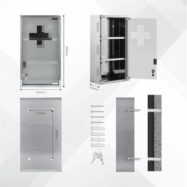 Медичний шкаф Zedelmaier з нержавіючої сталі, 4 відділення, аптечний, для ванної кімнати, з можливістю підвішування, закривається на замок, 57 x 27 x 12 см, білий