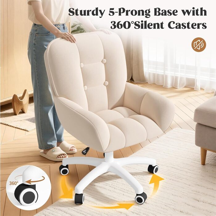Ергономічне крісло 2-в-1 для дому та офісу: обертове, регульоване по висоті, з велюру, 360°, бежеве