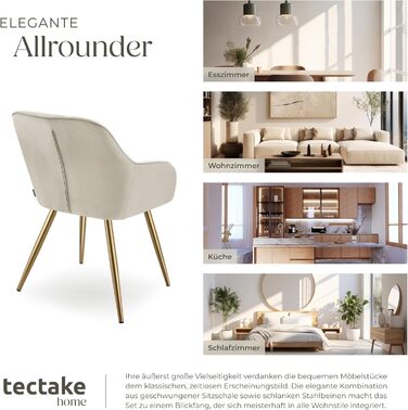 Тектейк® Крісло з велюру, комплект 2 шт., кремово-золотий колір. Сучасні кухонні стільці, крісла для вітальні, стільці для туалетного столика.