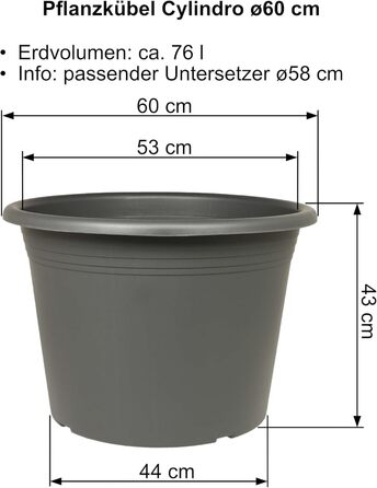 Квітчар/Горщик для рослин Cylindro, ø60 см + підставка ø58 см, антрацит, стійкий до погодних умов, з UV-стійкого пластику. Комплект горщика ø60 + підставка ø58 см, антрацит
