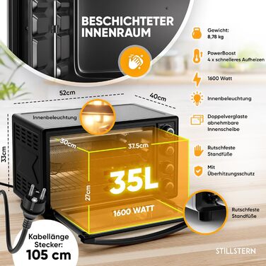 Міні-піч Stillstern 35л з конвекцією, Pizza Ø28, CYCLONE PRO+ антипригарне покриття, функція розморожування, таймер 2год, для кемпінгу, гриль з насадкою для шашлику
