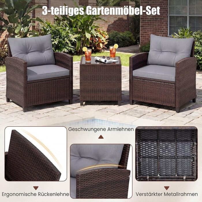 Садовий набір меблів COSTWAY з ротангу 3 предмети: 2 крісла, стіл зі скляною стільницею, подушки. Меблі для балкона, тераси, саду, для 2 осіб, коричнево-сірий
