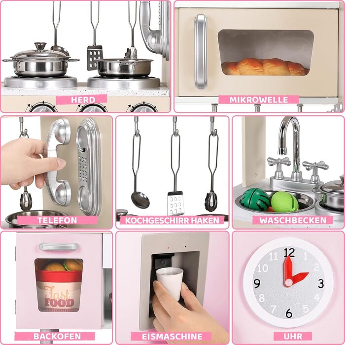 Дерев'яна дитяча кухня Mamizо з аксесуарами, 81x74x30 см, світло та звук, для дітей від 3 років, біло-рожева