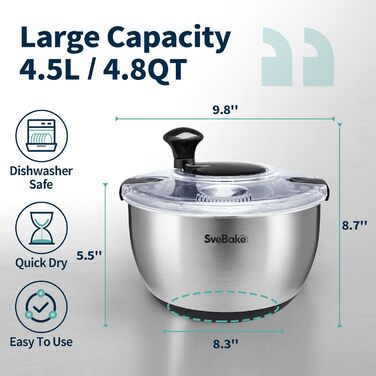 Салатниця-швидкоочисник з нержавіючої сталі 18/10 з ручним приводом та мискою об'ємом 4,5 літра, придатна для миття в посудомийній машині, чорний прозорий кришка