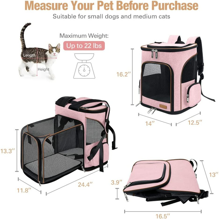 Розширюваний рюкзак для кішок Рюкзак для собак для кішок і маленьких собак, складаний рюкзак для домашніх тварин є внутрішній страхувальний трос і 2 килимка для домашніх тварин, (XL, рожевий)