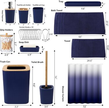 Комплекти аксесуарів для ванної кімнати, 9 предметів: сміттєвий бак, лоток для косметики, дозатор мила, мильниця, стакан для зубної щітки, щітка для унітазу та тримач для ватних паличок (Глиняний, Морська блакить, Комплект для ванної + штора + рушники)